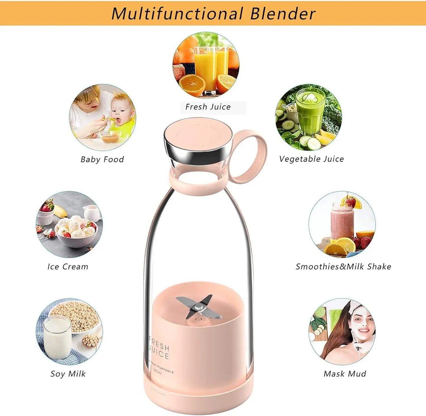 Portable Blender 350ML Wireless Rechargeable USB Juicer Cup Fruit Mixer Smoothie Juicer Blender（Pink)）