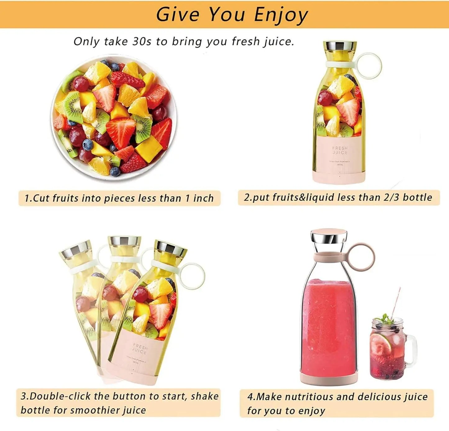 Portable Blender 350ML Wireless Rechargeable USB Juicer Cup Fruit Mixer Smoothie Juicer Blender（Pink)）