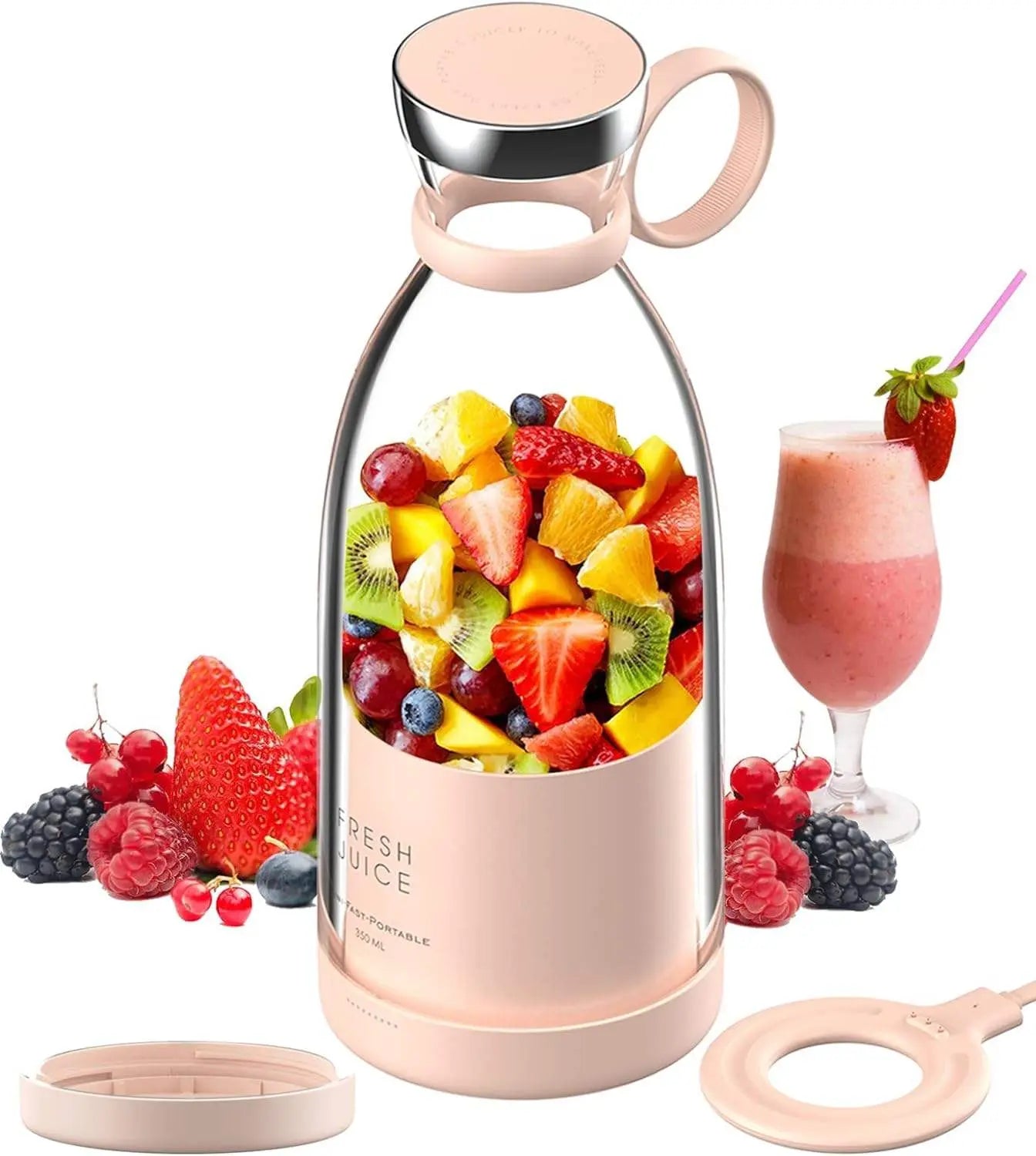 Portable Blender 350ML Wireless Rechargeable USB Juicer Cup Fruit Mixer Smoothie Juicer Blender（Pink)）